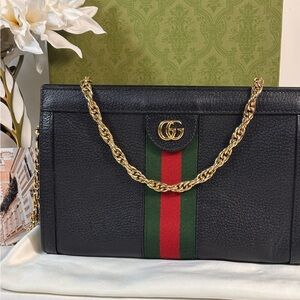Gorgeous Gucci Web Ophidia Black Leather Chain Shoulder Bag